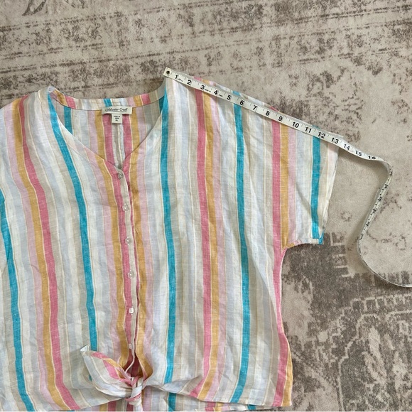 Coldwater Creek Multicolor Striped Button-Up Tie Front Linen Blouse Large Petite - Picture 7 of 11